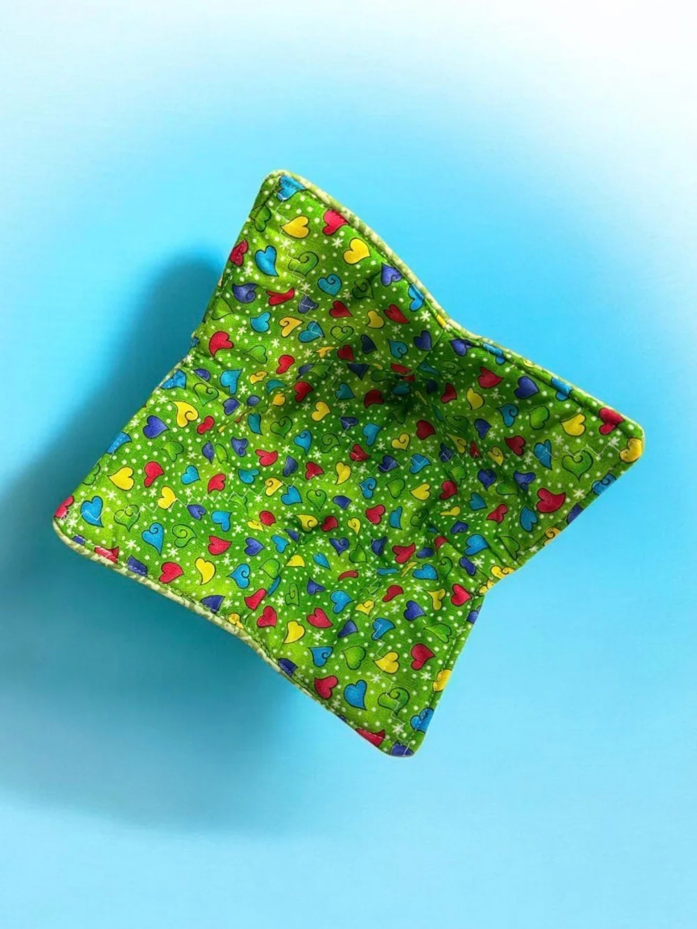 Bright Green Heart Print Fabric Handmade Bowl Cozy (v)